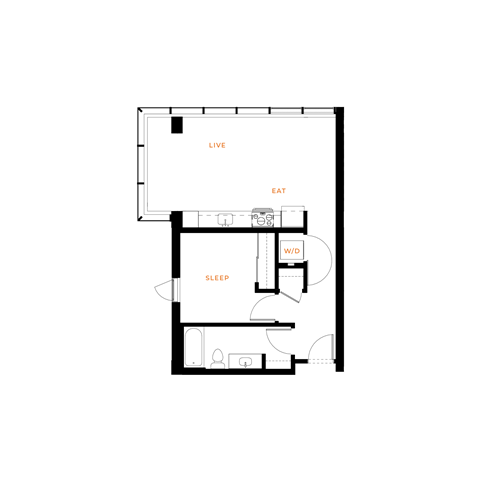 Floor plan for 1 bed, 1 bath, 614 sqft